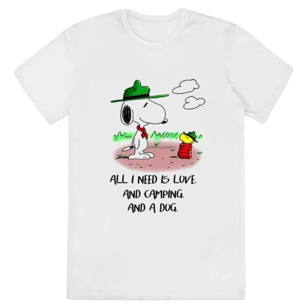 Snoopy Woodstock Camping Love And Dog Retro Funny Graphic Fan Gift T-Shirt .